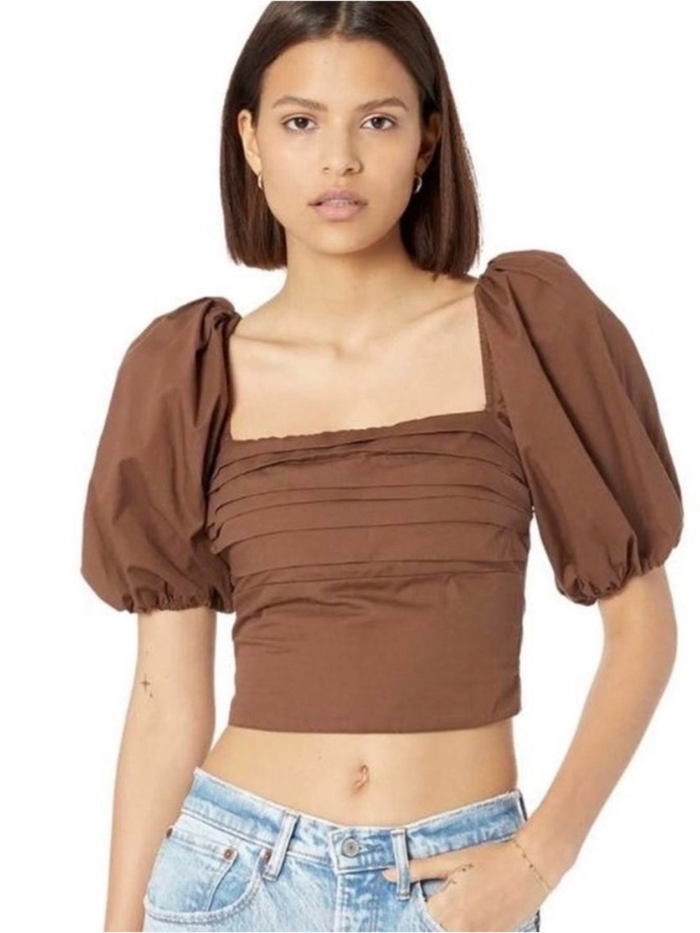 Abercrombie Women’s Brown Puff-Sleeve Square-Neck Crop Top